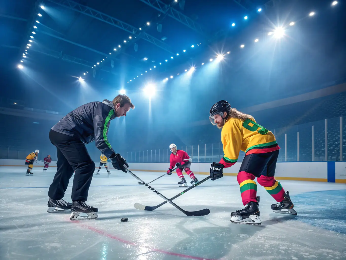 A dynamic action shot of young hockey players participating in a training session on the ice, showcasing skill development and teamwork.
