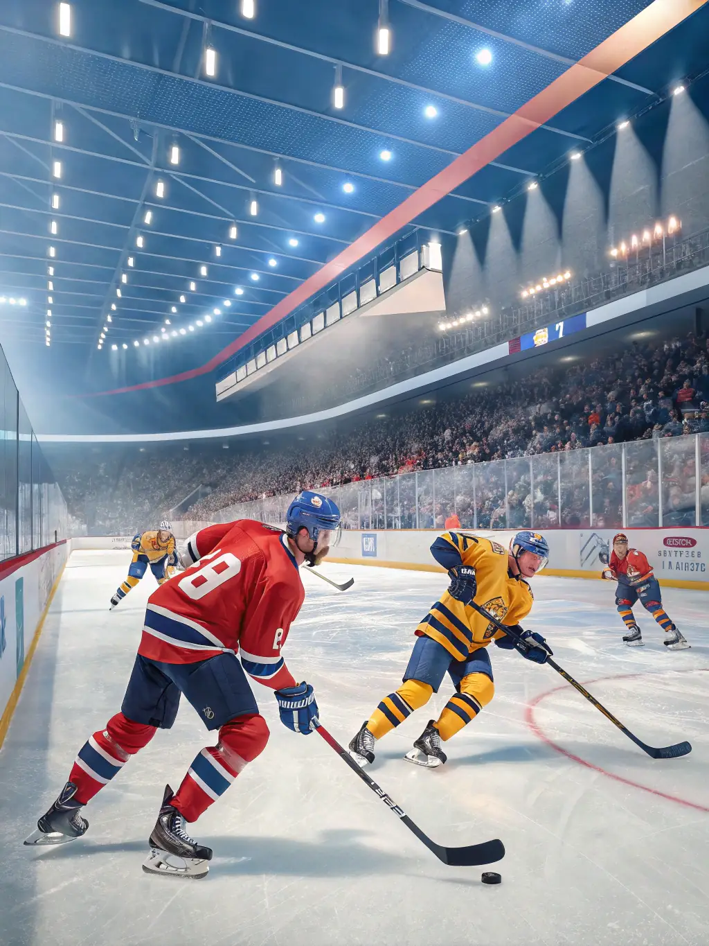 Action shot of young hockey players participating in a skills development clinic, focusing on puck handling and skating techniques, with coaches providing guidance.