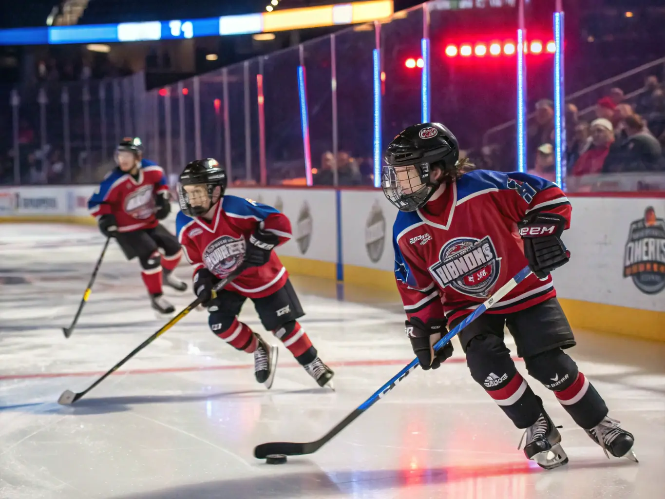 A photograph of adult hockey players competing in a league game, highlighting the intensity and camaraderie of adult hockey.