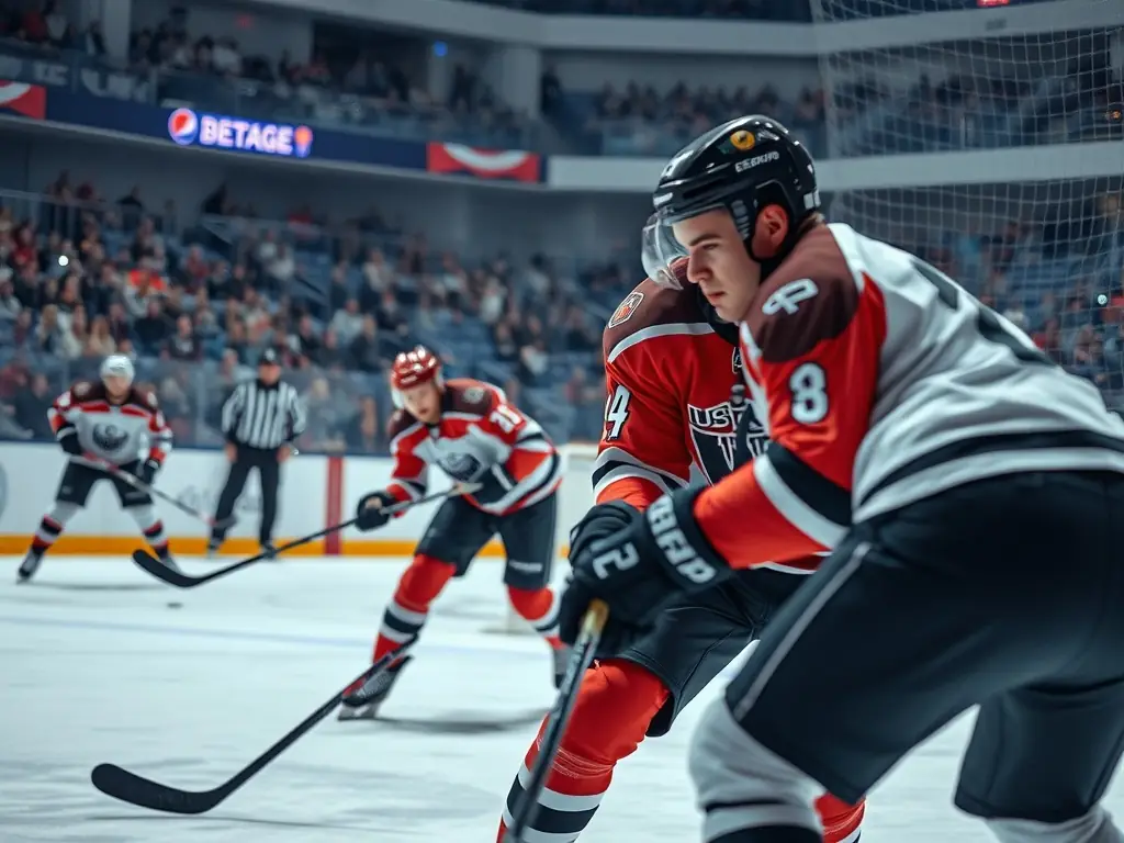 An image of adult hockey players competing in a league game, highlighting the competitive spirit and camaraderie of the sport.
