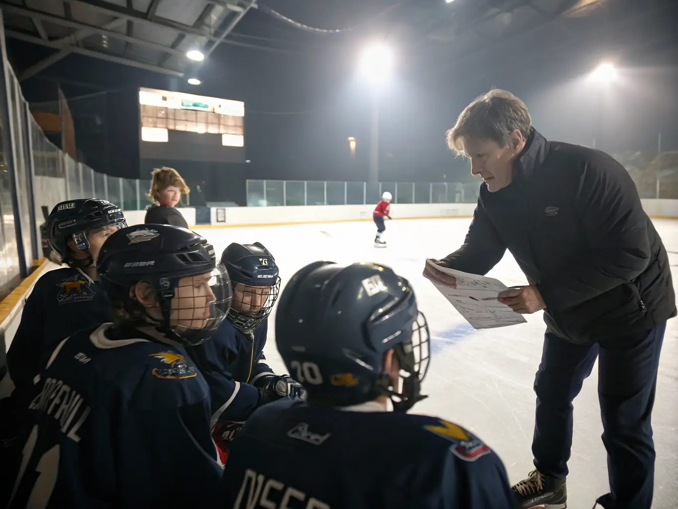 An image of coaches providing instruction during a hockey training camp, emphasizing skill enhancement and strategic gameplay.